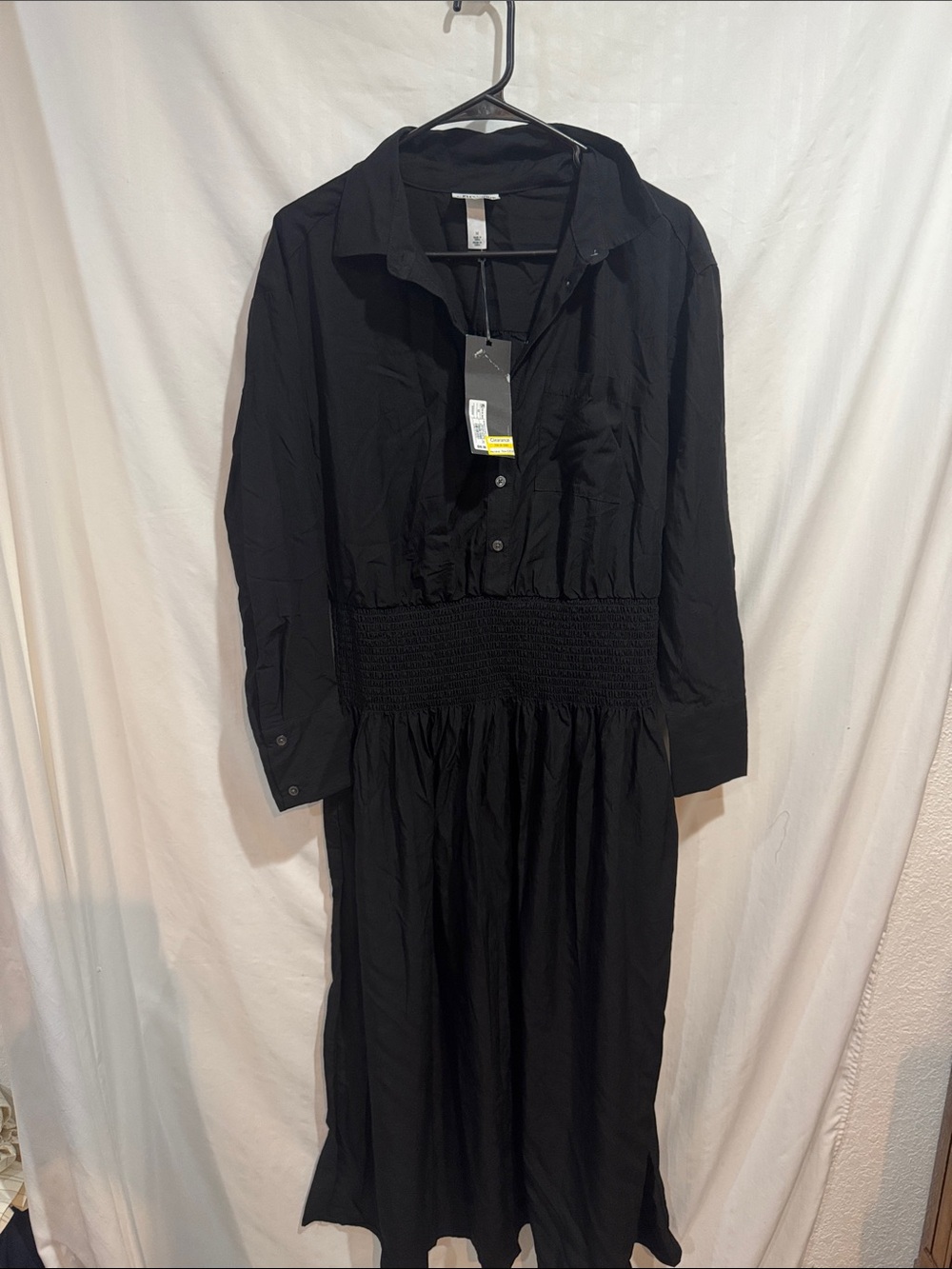 Black Long-Sleeve Smocked-Waist Shirt Dress